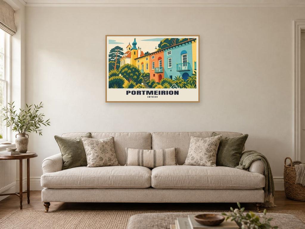 Portmeirion Poster at A1, in an oak frame, in a sitting room