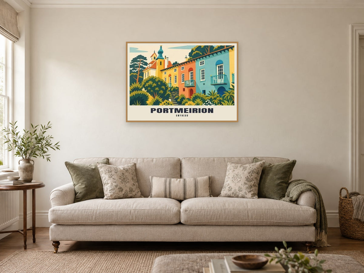 Portmeirion Poster at A1, in an oak frame, in a sitting room