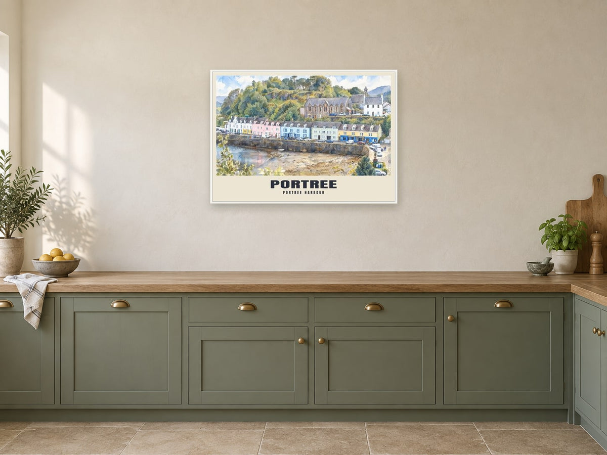 Portree harbour Poster at A1, in a white frame, in a kitchen