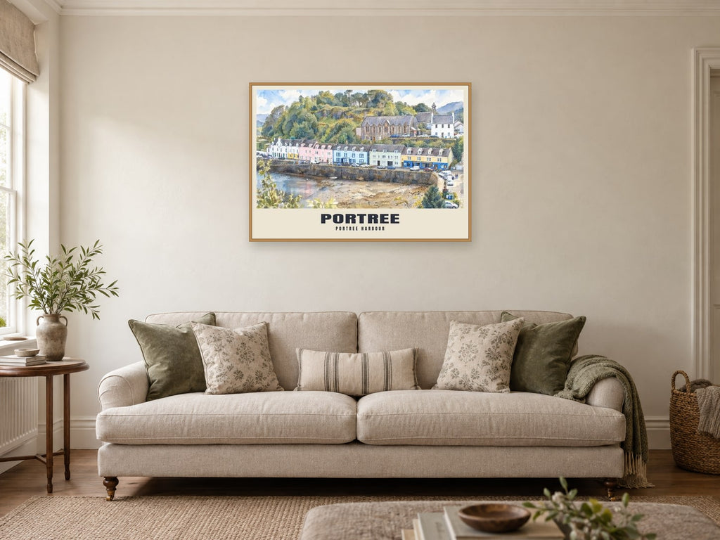 Portree harbour Poster at A1, in an oak frame, in a sitting room