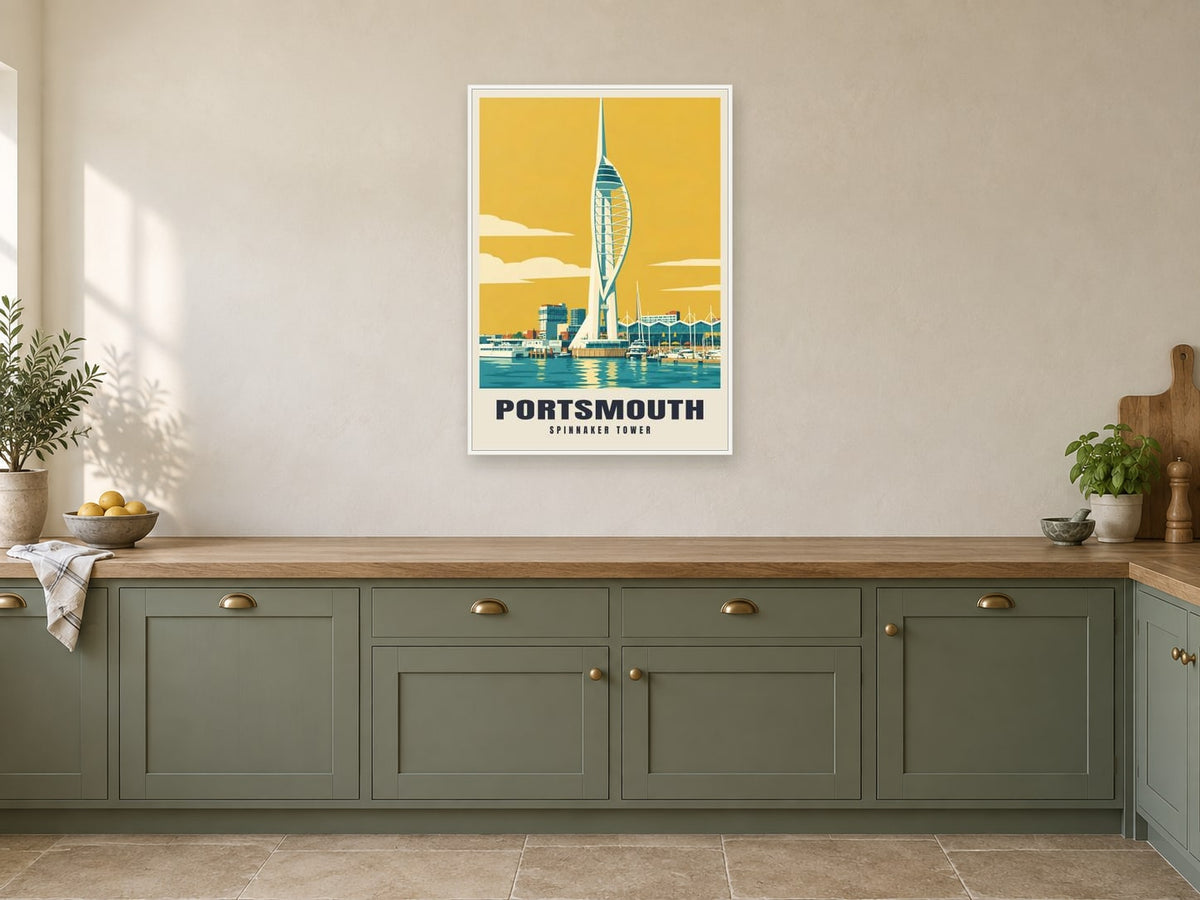 Spinnaker Tower, Portsmouth Poster at A1, in a white frame, in a kitchen
