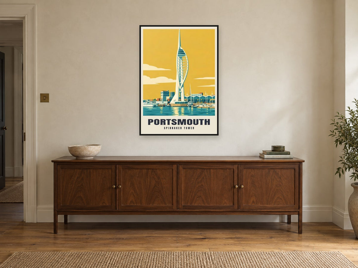 Spinnaker Tower, Portsmouth Poster at A1, in a black frame, above a sideboard