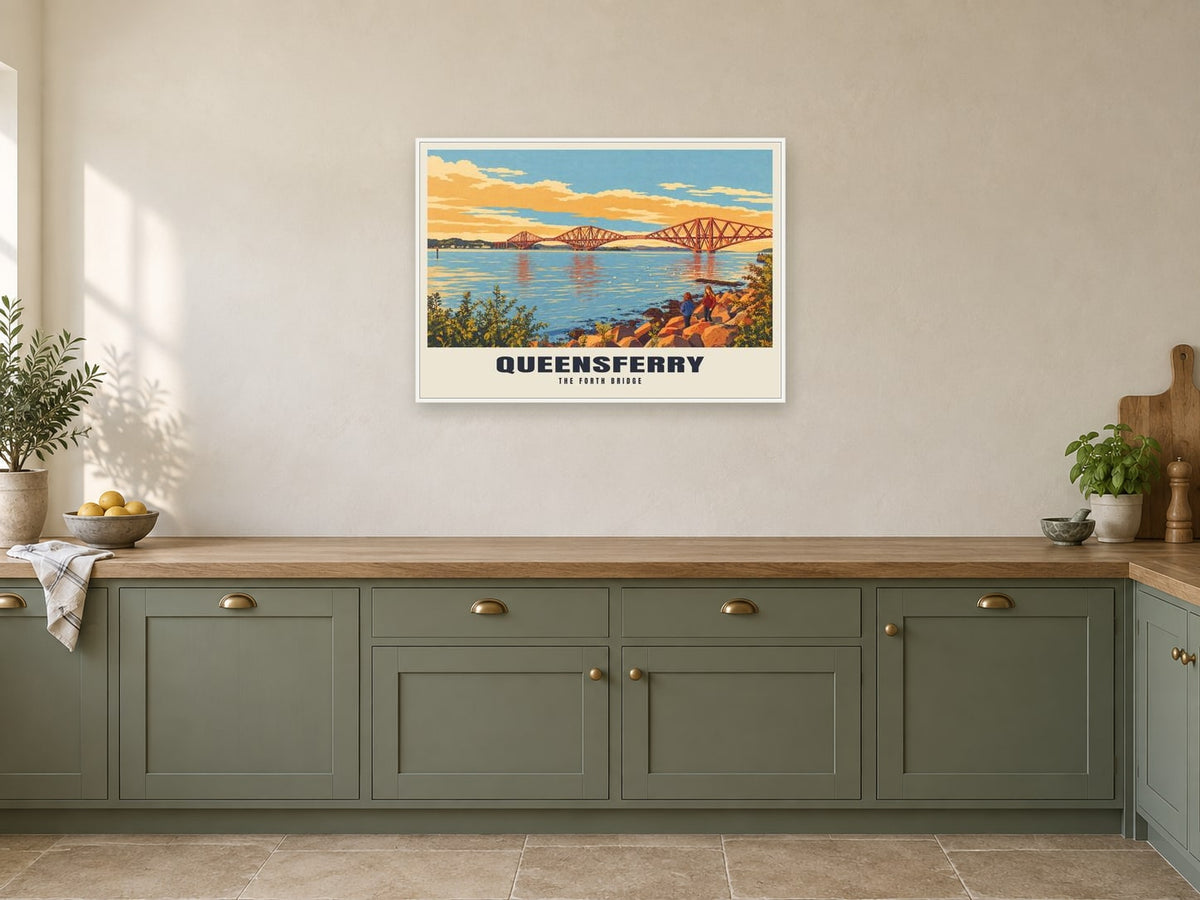 The Forth Bridge, Queensferry Poster at A1, in a white frame, in a kitchen