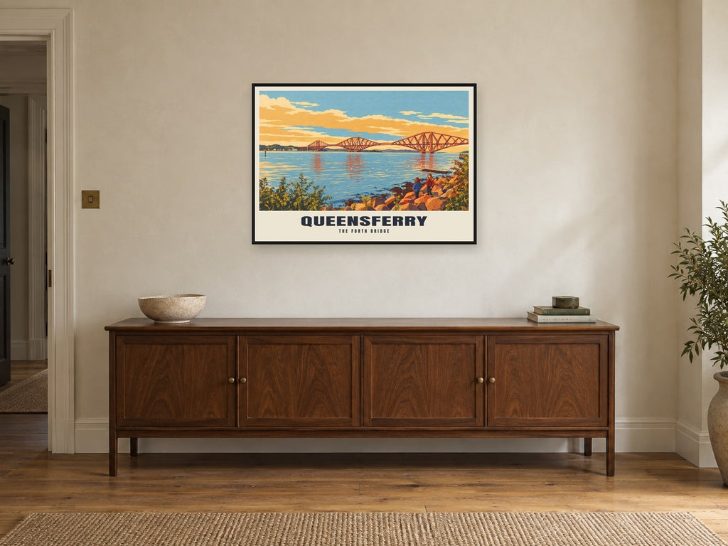 The Forth Bridge, Queensferry Poster at A1, in a black frame, above a sideboard