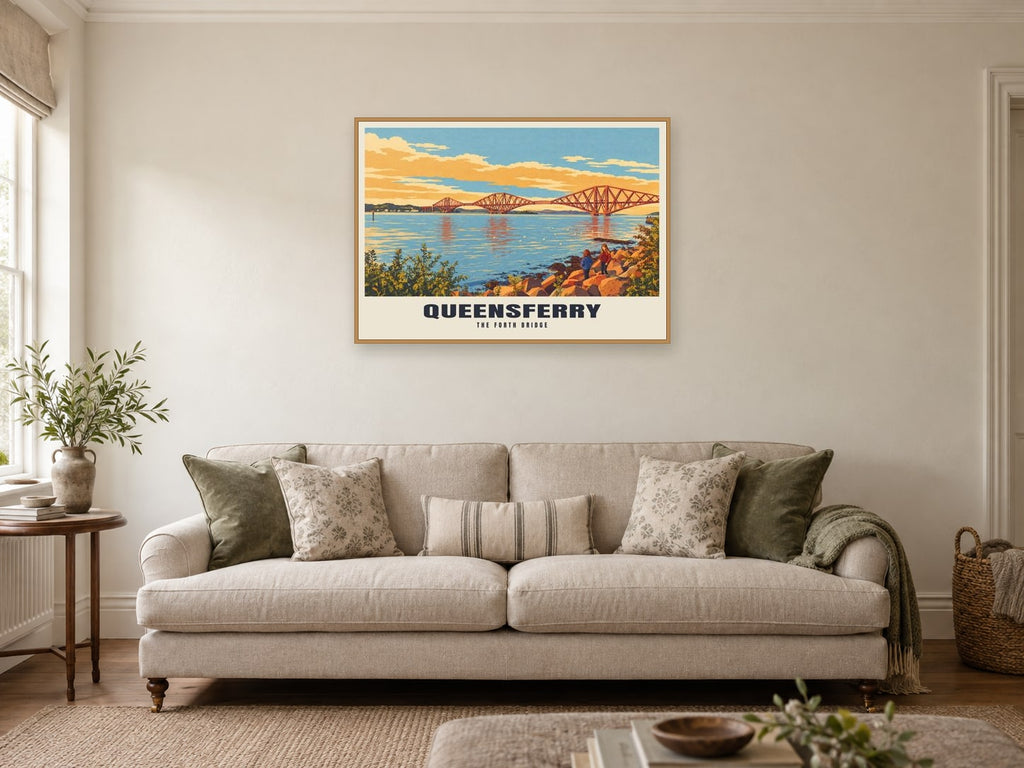 The Forth Bridge, Queensferry Poster at A1, in an oak frame, in a sitting room