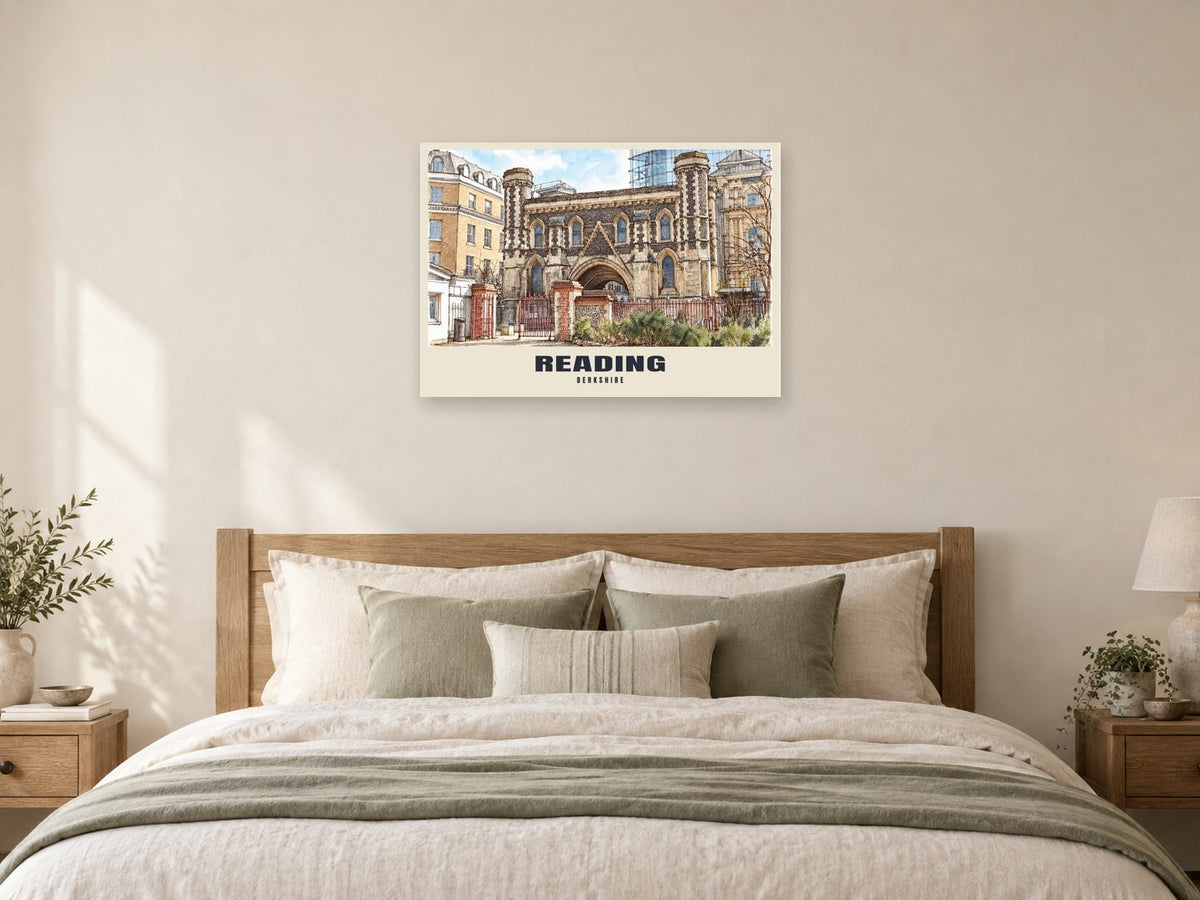 Reading Abbey Gateway Poster at A1, as a poster, above a bed