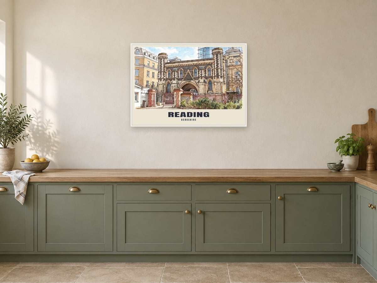 Reading Abbey Gateway Poster at A1, in a white frame, in a kitchen