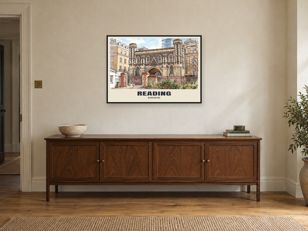 Reading Abbey Gateway Poster at A1, in a black frame, above a sideboard