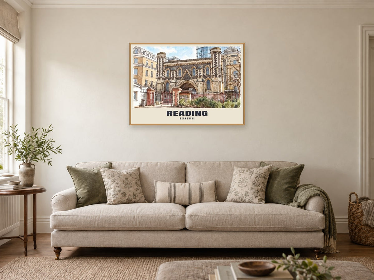 Reading Abbey Gateway Poster at A1, in an oak frame, in a sitting room