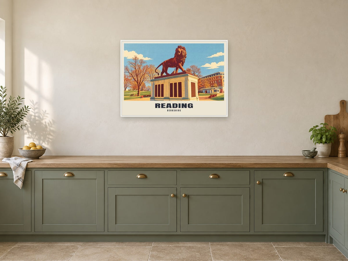 Reading Poster at A1, in a white frame, in a kitchen