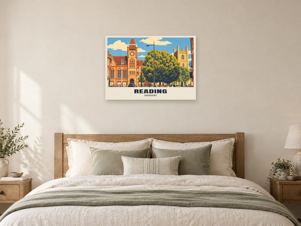 Reading Town Hall Poster at A1, as a poster, above a bed