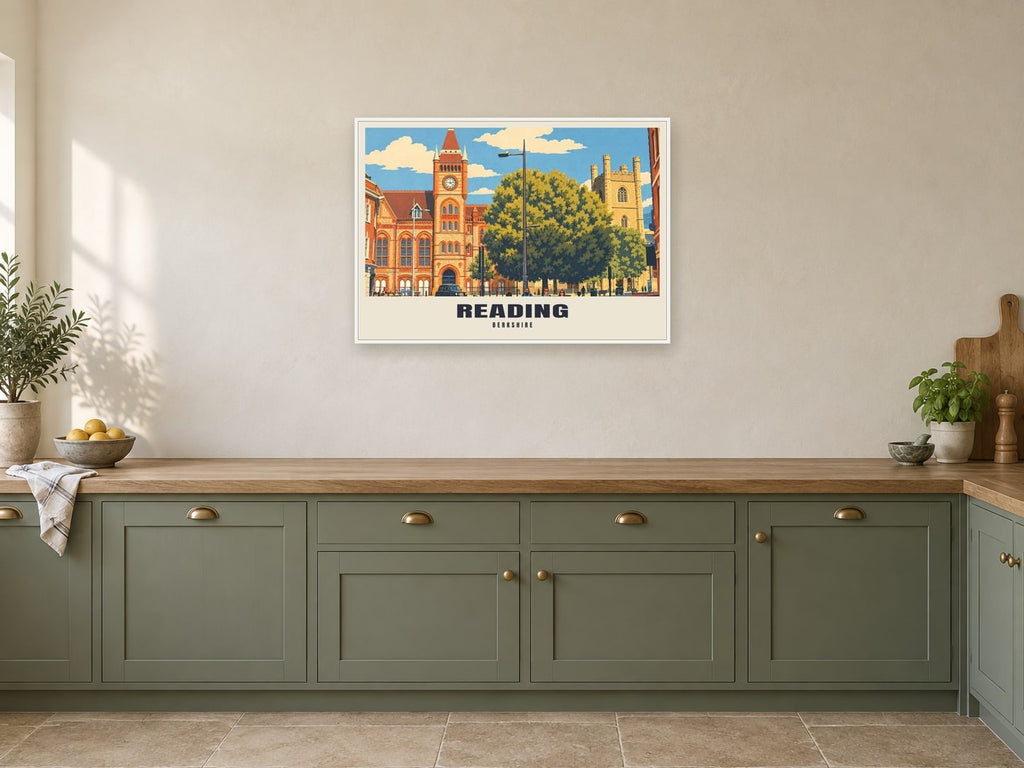 Reading Town Hall Poster at A1, in a white frame, in a kitchen