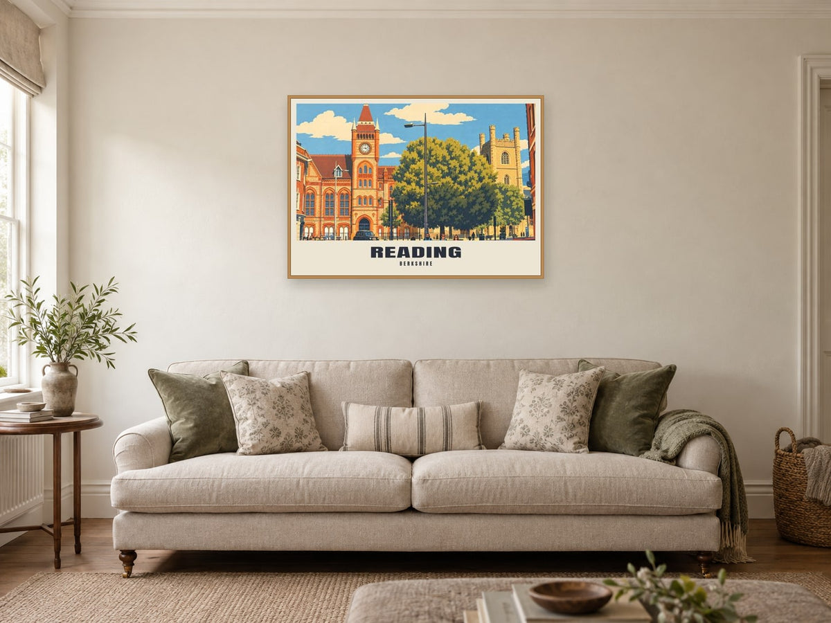 Reading Town Hall Poster at A1, in an oak frame, in a sitting room