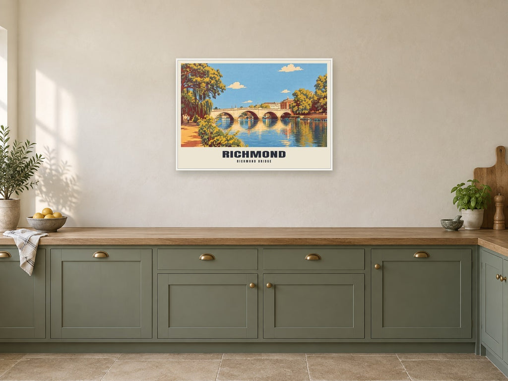 Richmond Bridge Poster at A1, in a white frame, in a kitchen