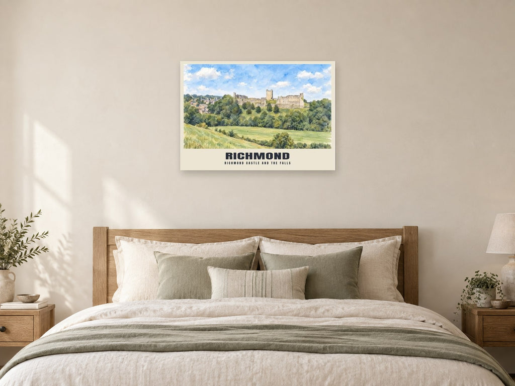 Richmond Castle and the falls Poster at A1, as a poster, above a bed