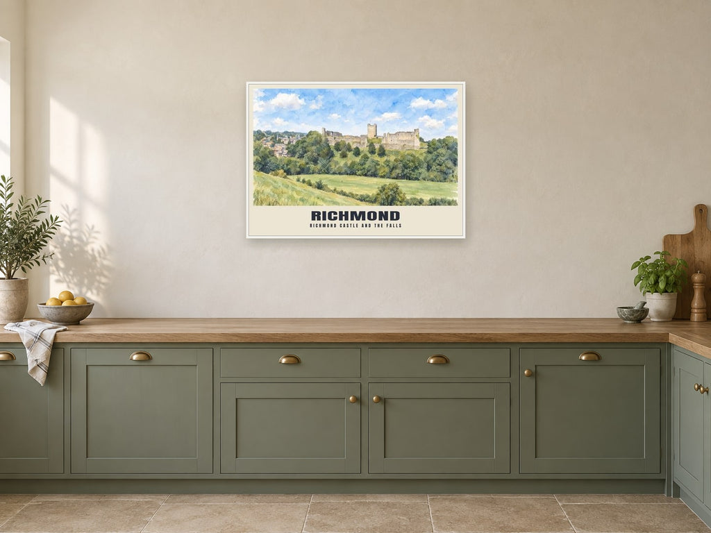 Richmond Castle and the falls Poster at A1, in a white frame, in a kitchen