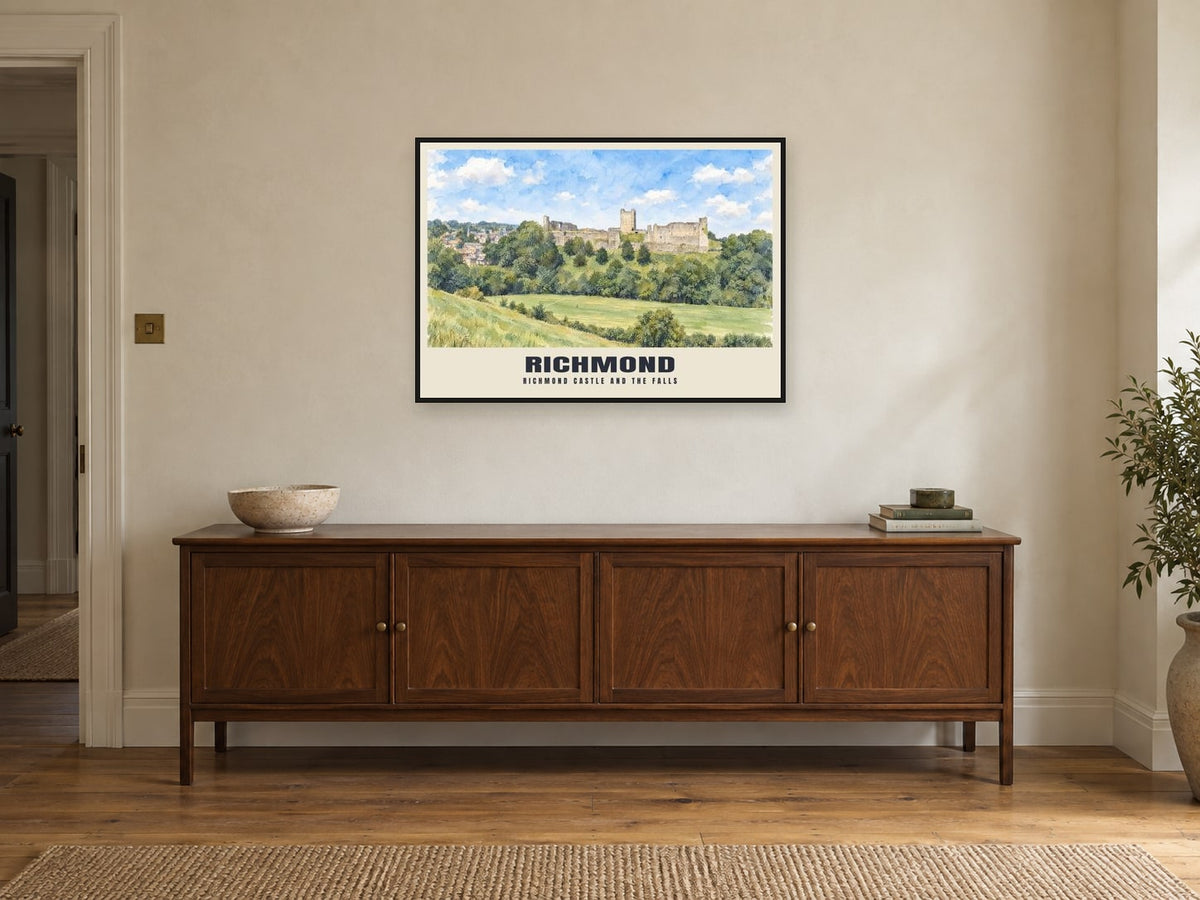 Richmond Castle and the falls Poster at A1, in a black frame, above a sideboard