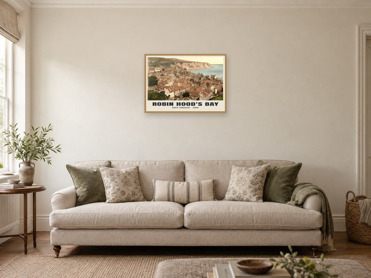 Robin Hood's Bay, 1890s Heritage Print at A2, in an oak frame, in a sitting room