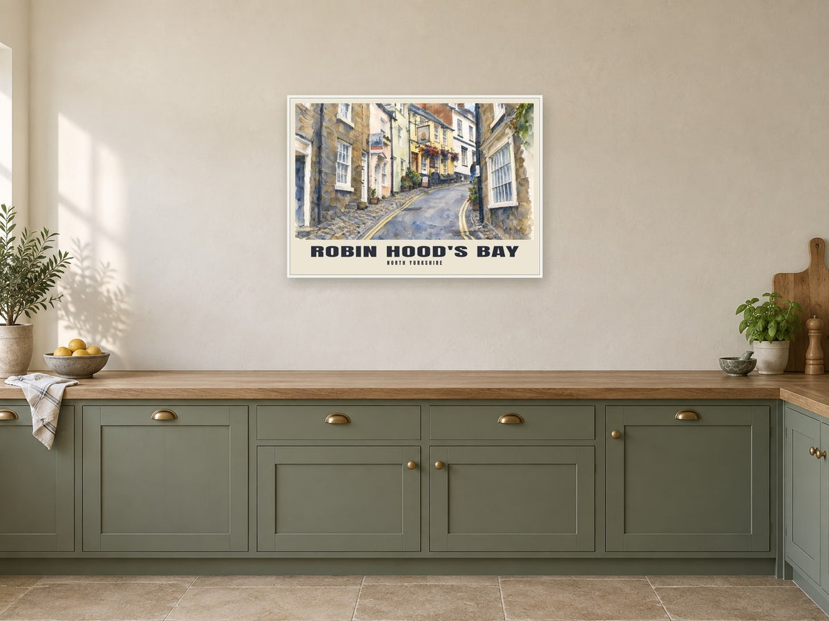 Robin Hood's Bay Poster at A1, in a white frame, in a kitchen