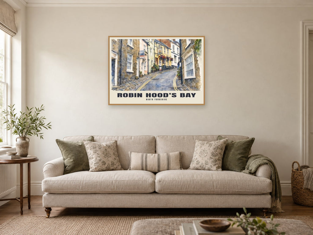 Robin Hood's Bay Poster at A1, in an oak frame, in a sitting room
