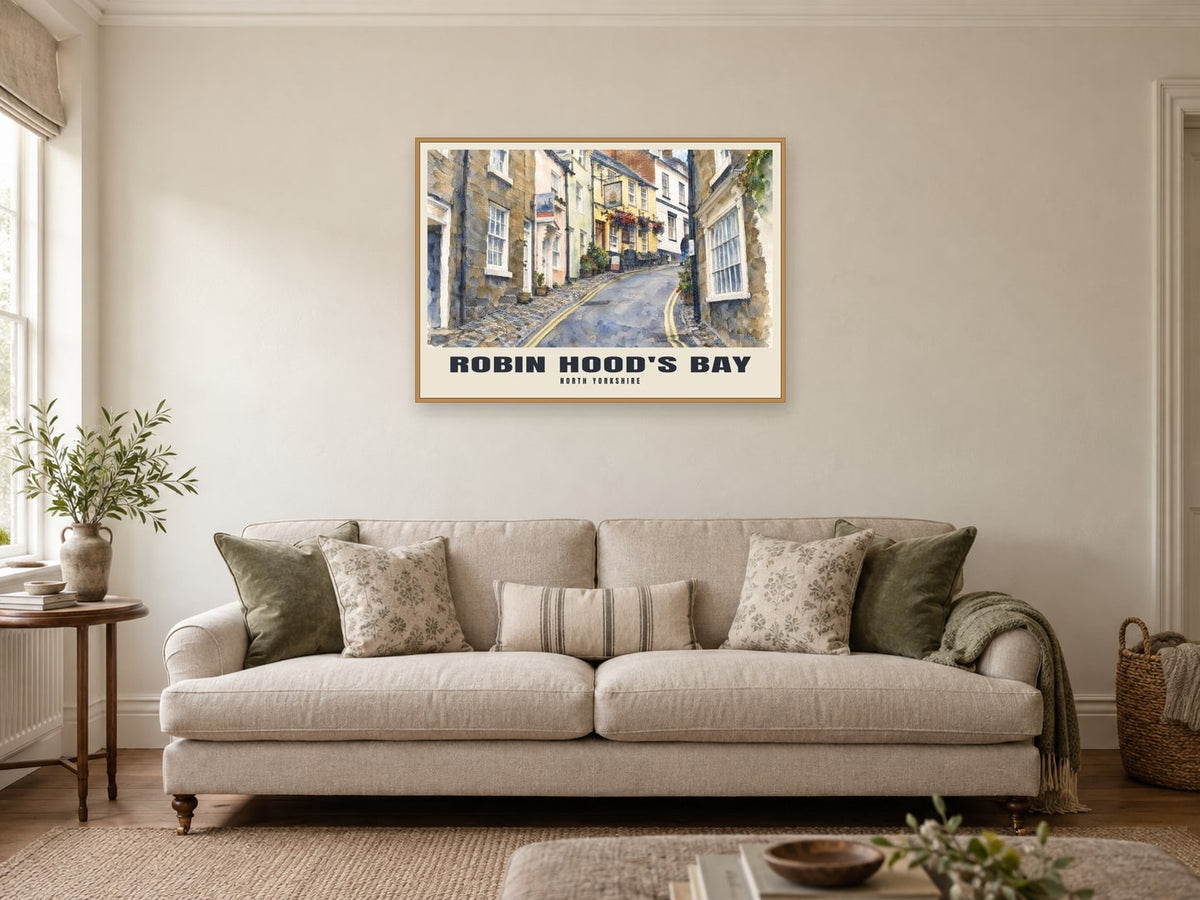 Robin Hood's Bay Poster at A1, in an oak frame, in a sitting room