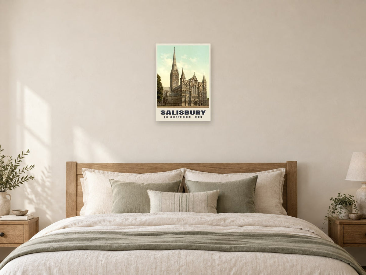 Salisbury Cathedral, 1890s Heritage Print at A2, as a poster, above a bed