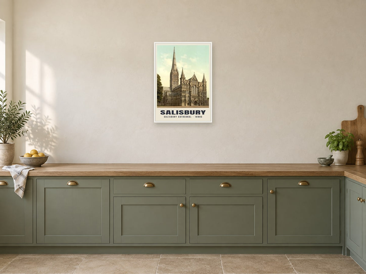 Salisbury Cathedral, 1890s Heritage Print at A2, in a white frame, in a kitchen