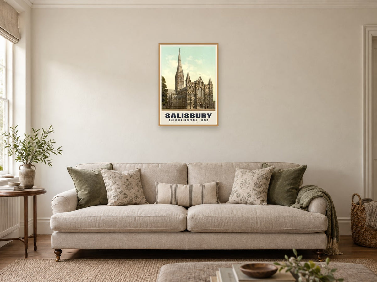 Salisbury Cathedral, 1890s Heritage Print at A2, in an oak frame, in a sitting room