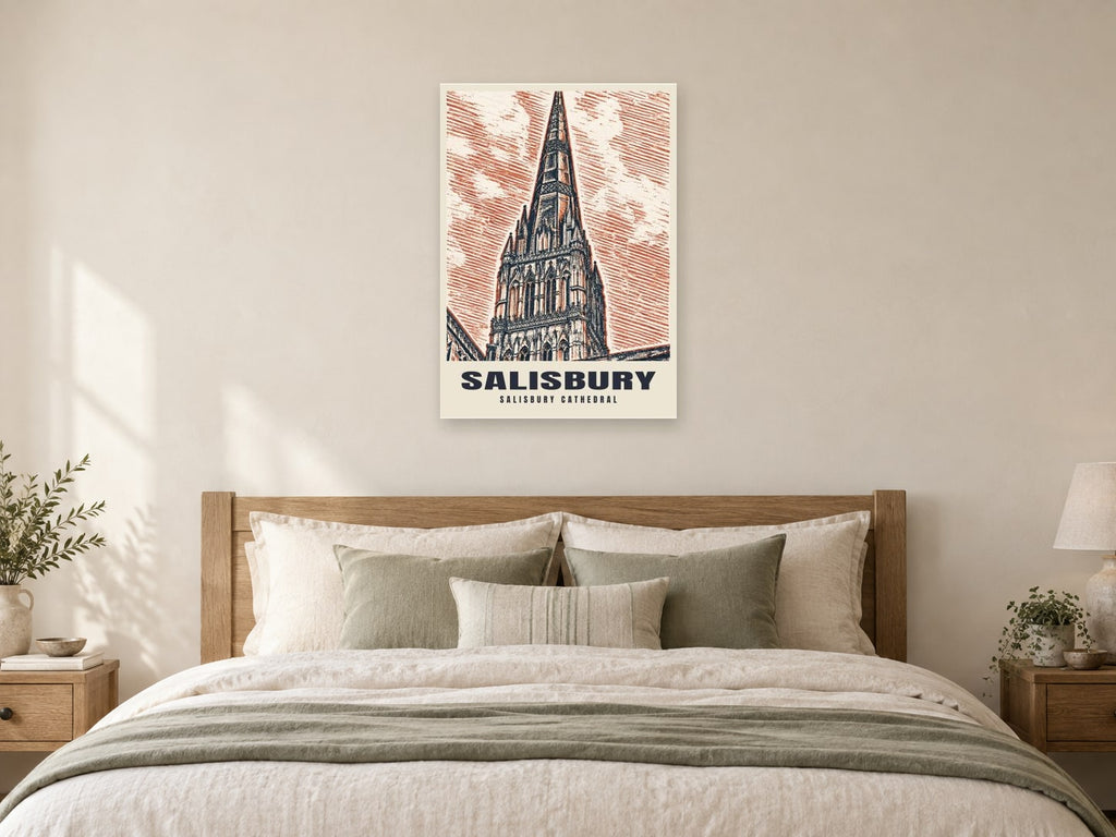 Salisbury Cathedral Poster at A1, as a poster, above a bed