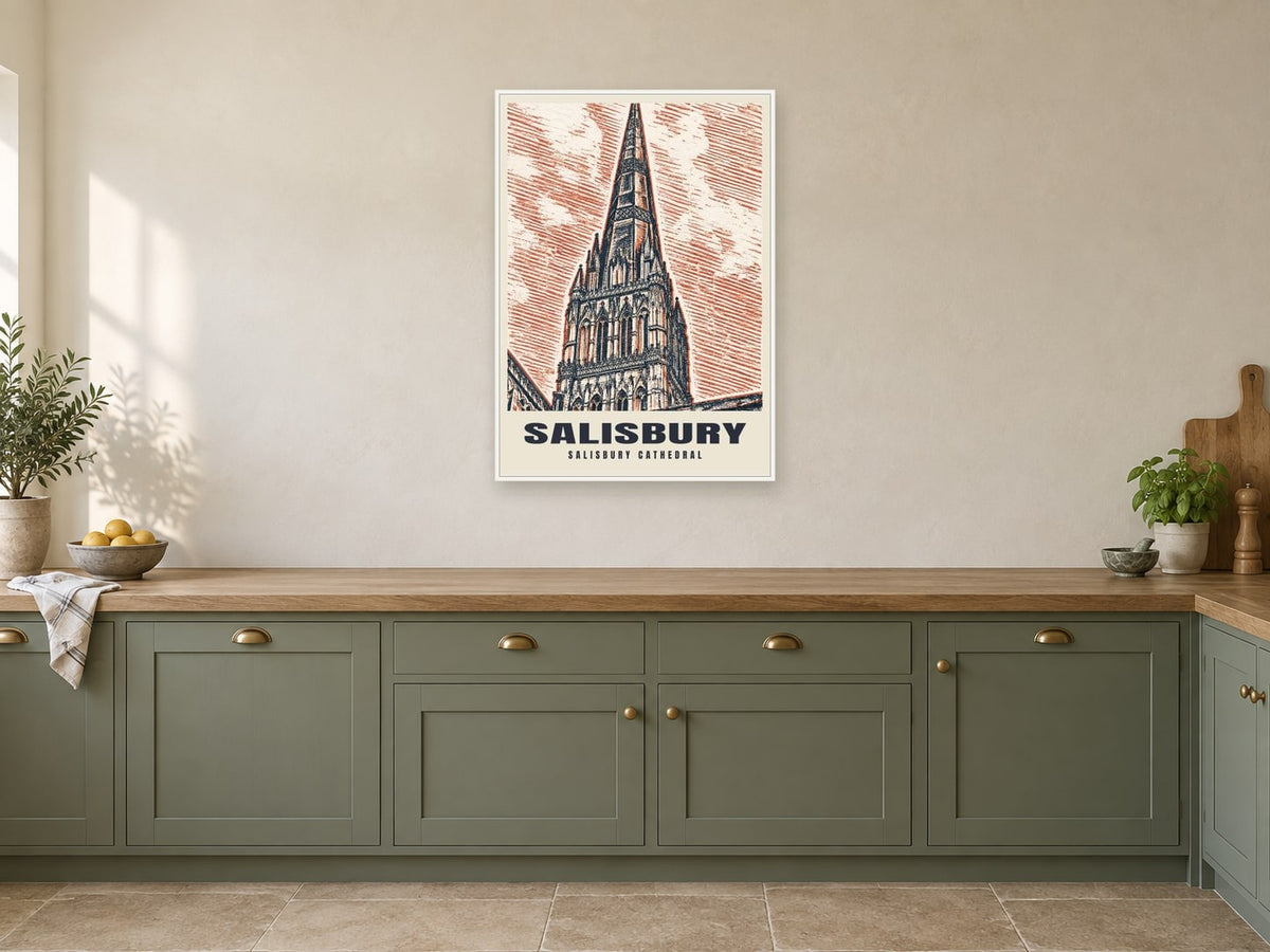 Salisbury Cathedral Poster at A1, in a white frame, in a kitchen
