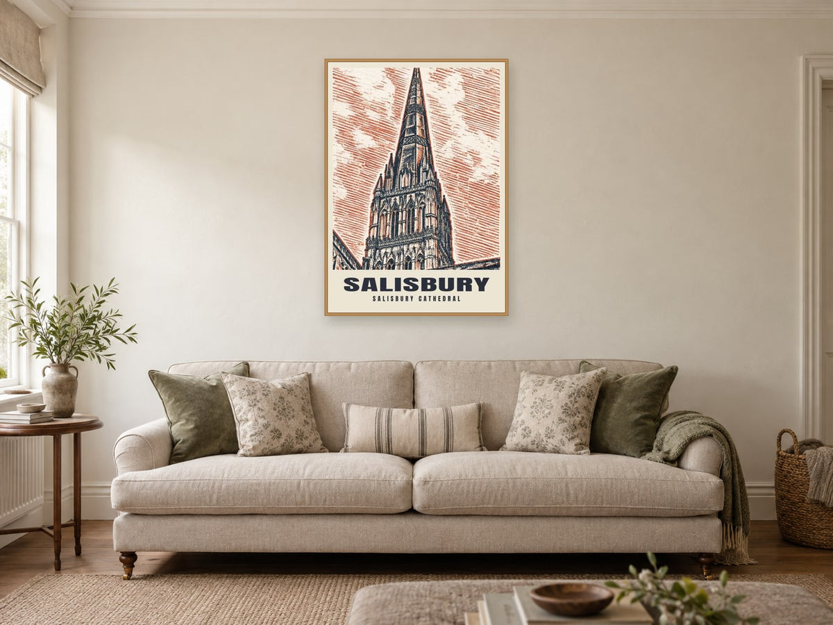 Salisbury Cathedral Poster at A1, in an oak frame, in a sitting room