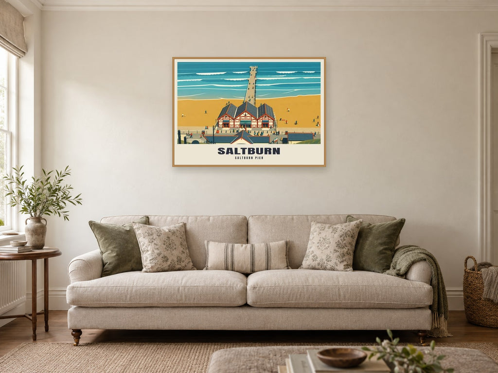 Saltburn Pier Poster at A1, in an oak frame, in a sitting room