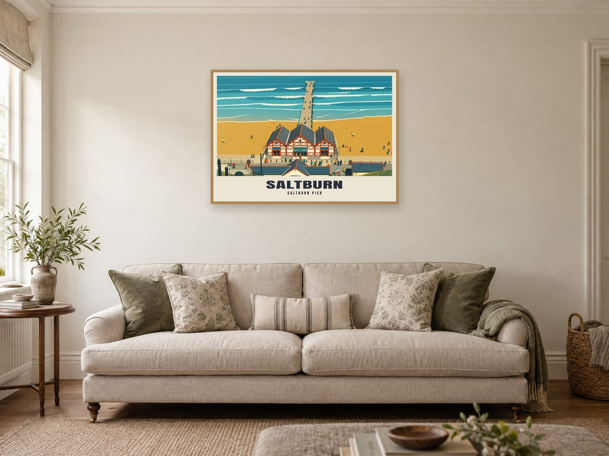 Saltburn Pier Poster at A1, in an oak frame, in a sitting room