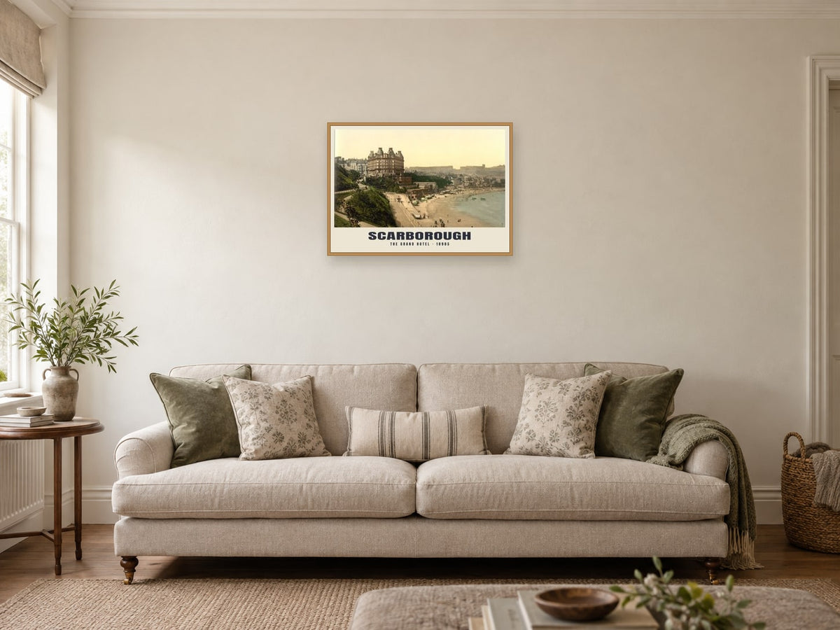 The Grand Hotel, Scarborough, 1890s Heritage Print at A2, in an oak frame, in a sitting room