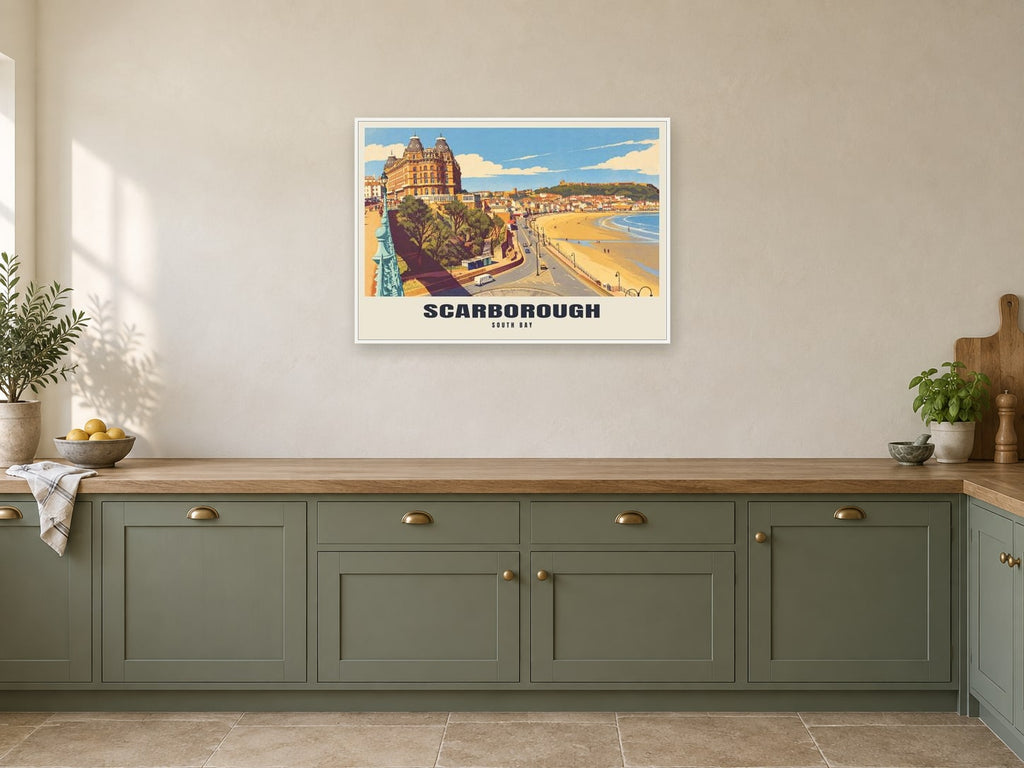 South Bay, Scarborough Poster at A1, in a white frame, in a kitchen
