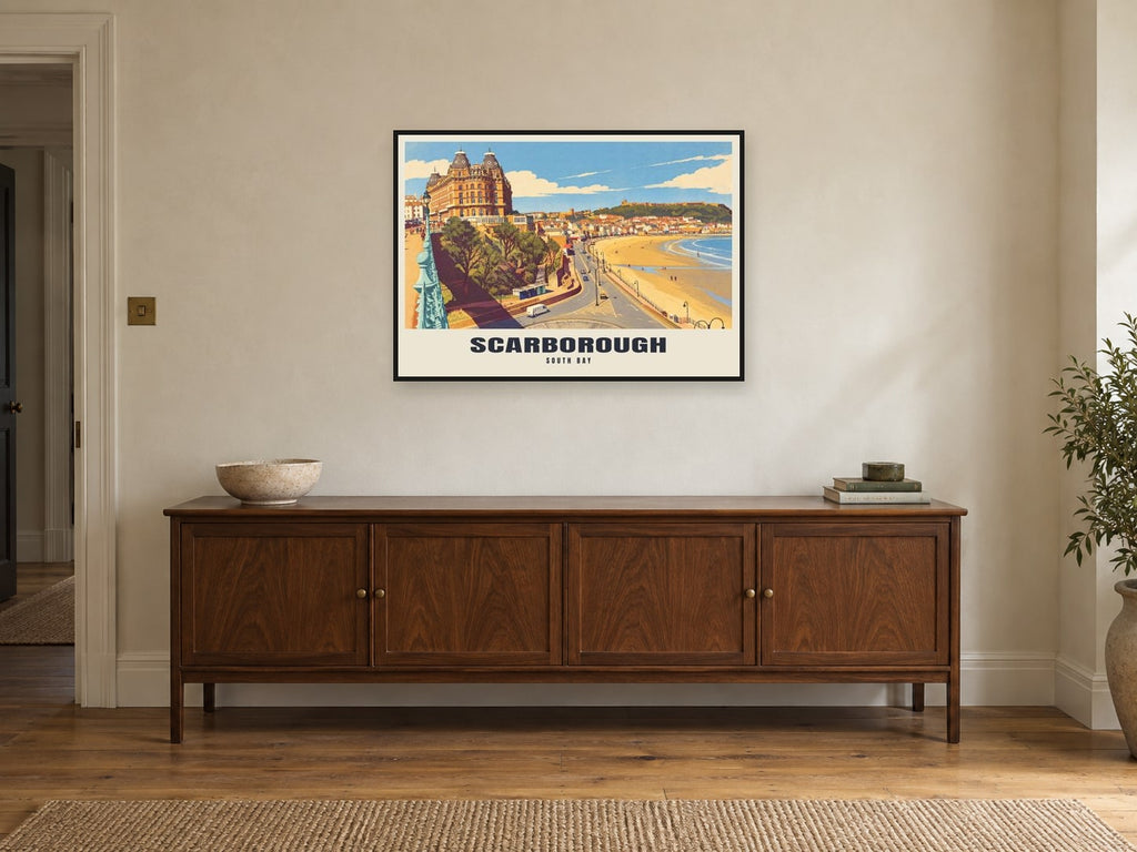 South Bay, Scarborough Poster at A1, in a black frame, above a sideboard