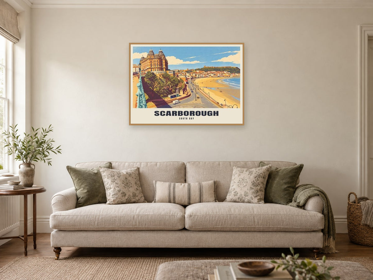 South Bay, Scarborough Poster at A1, in an oak frame, in a sitting room