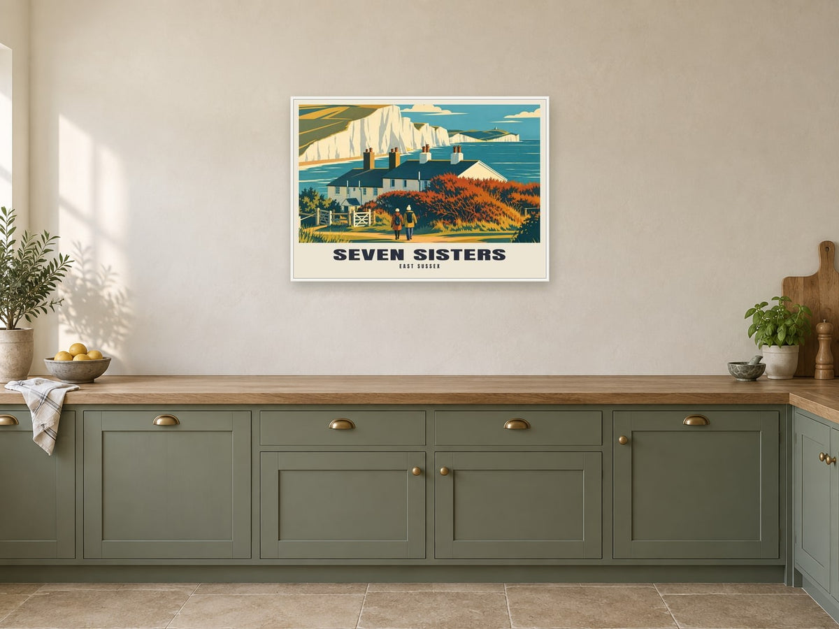 Seven Sisters Poster at A1, in a white frame, in a kitchen