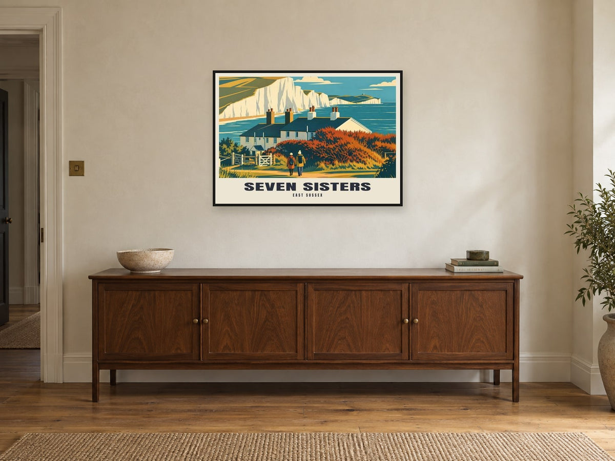 Seven Sisters Poster at A1, in a black frame, above a sideboard