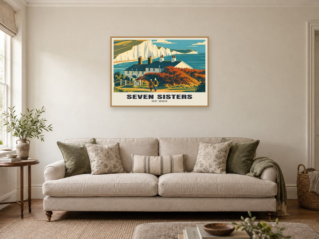 Seven Sisters Poster at A1, in an oak frame, in a sitting room