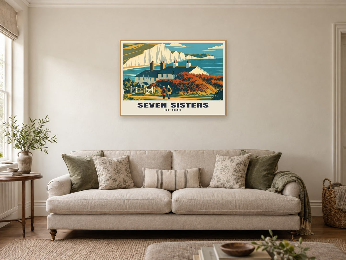 Seven Sisters Poster at A1, in an oak frame, in a sitting room