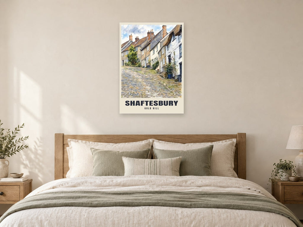 Gold Hill, Shaftesbury Poster at A1, as a poster, above a bed