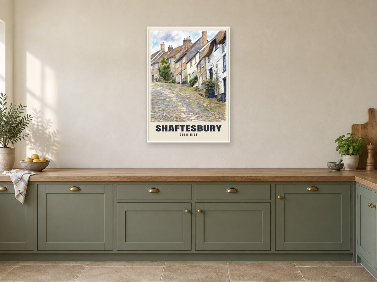 Gold Hill, Shaftesbury Poster at A1, in a white frame, in a kitchen