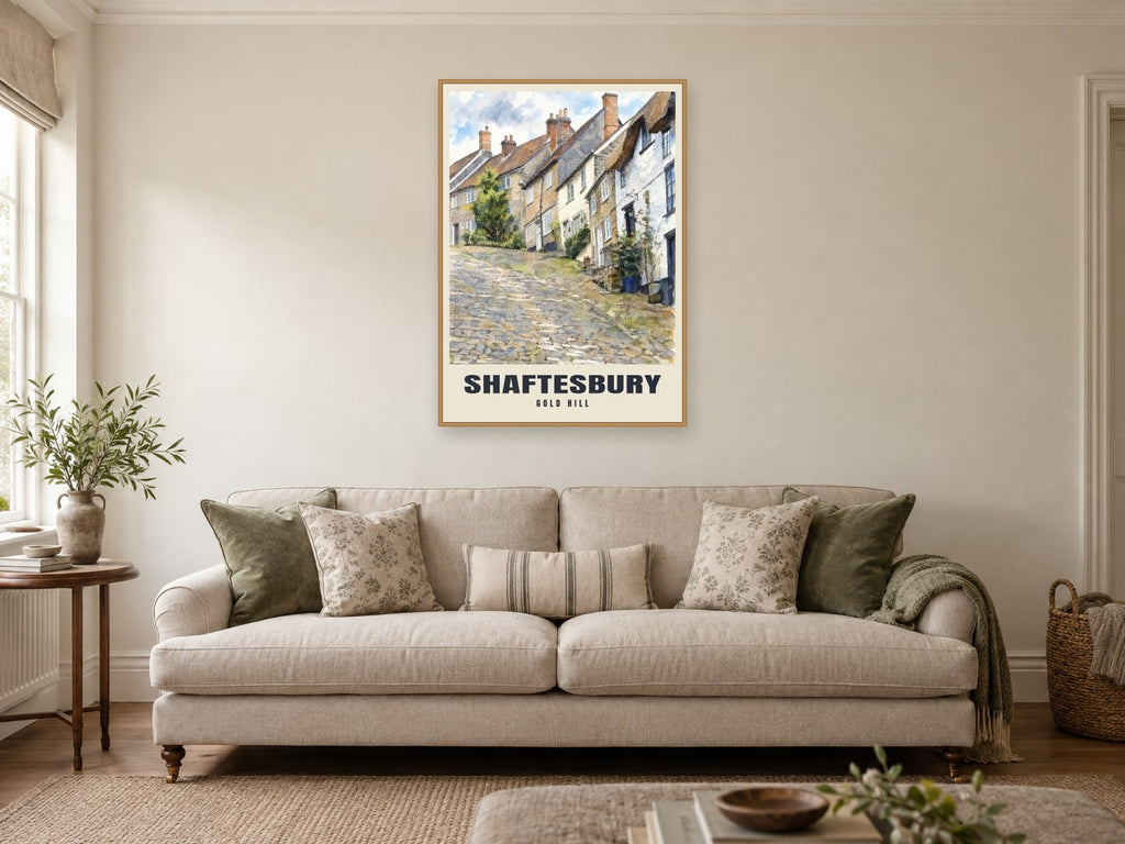 Gold Hill, Shaftesbury Poster at A1, in an oak frame, in a sitting room