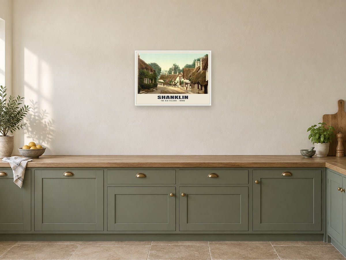 The Old Village, Shanklin, 1890s Heritage Print at A2, in a white frame, in a kitchen