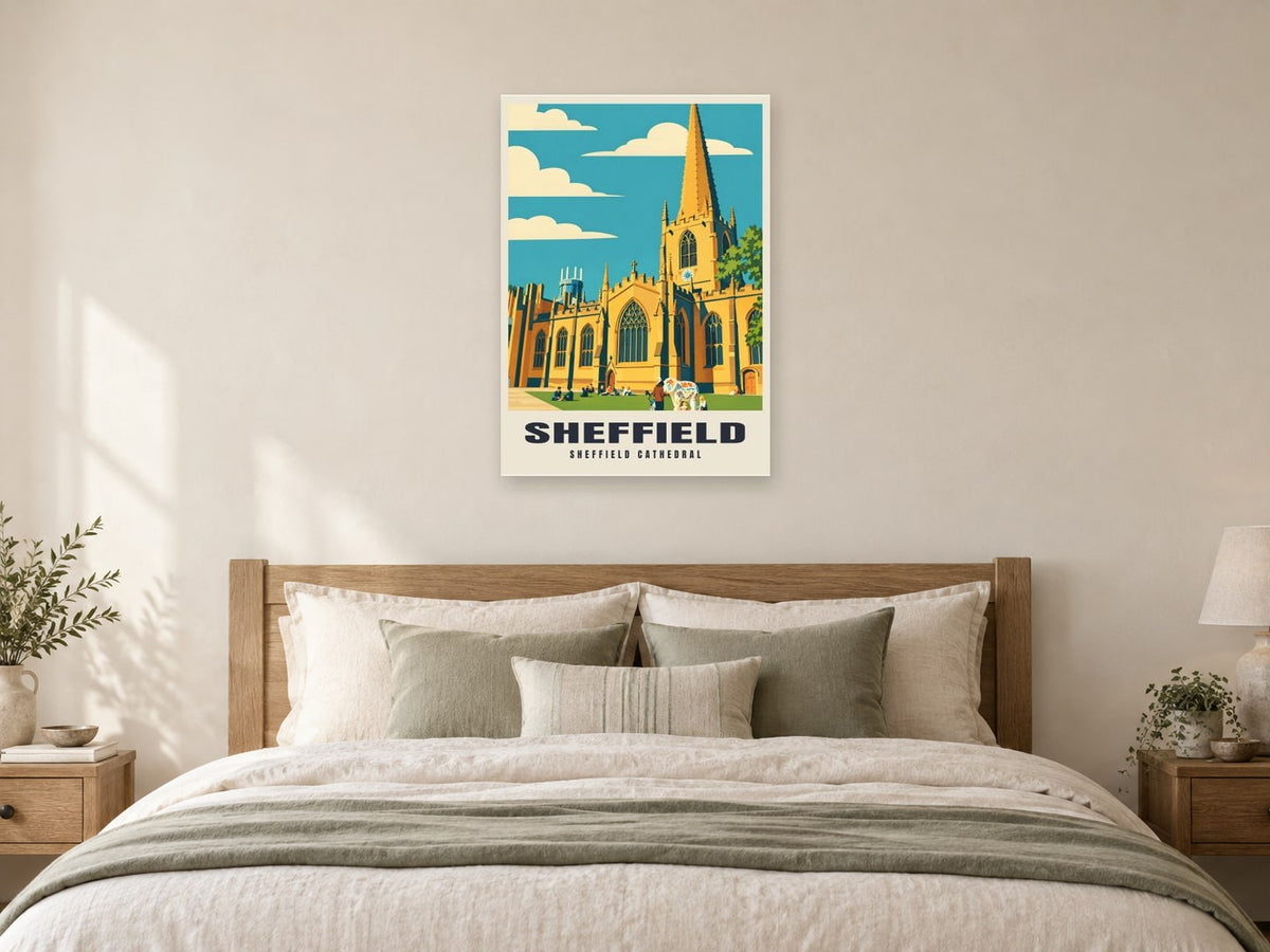 Sheffield Cathedral Poster at A1, as a poster, above a bed