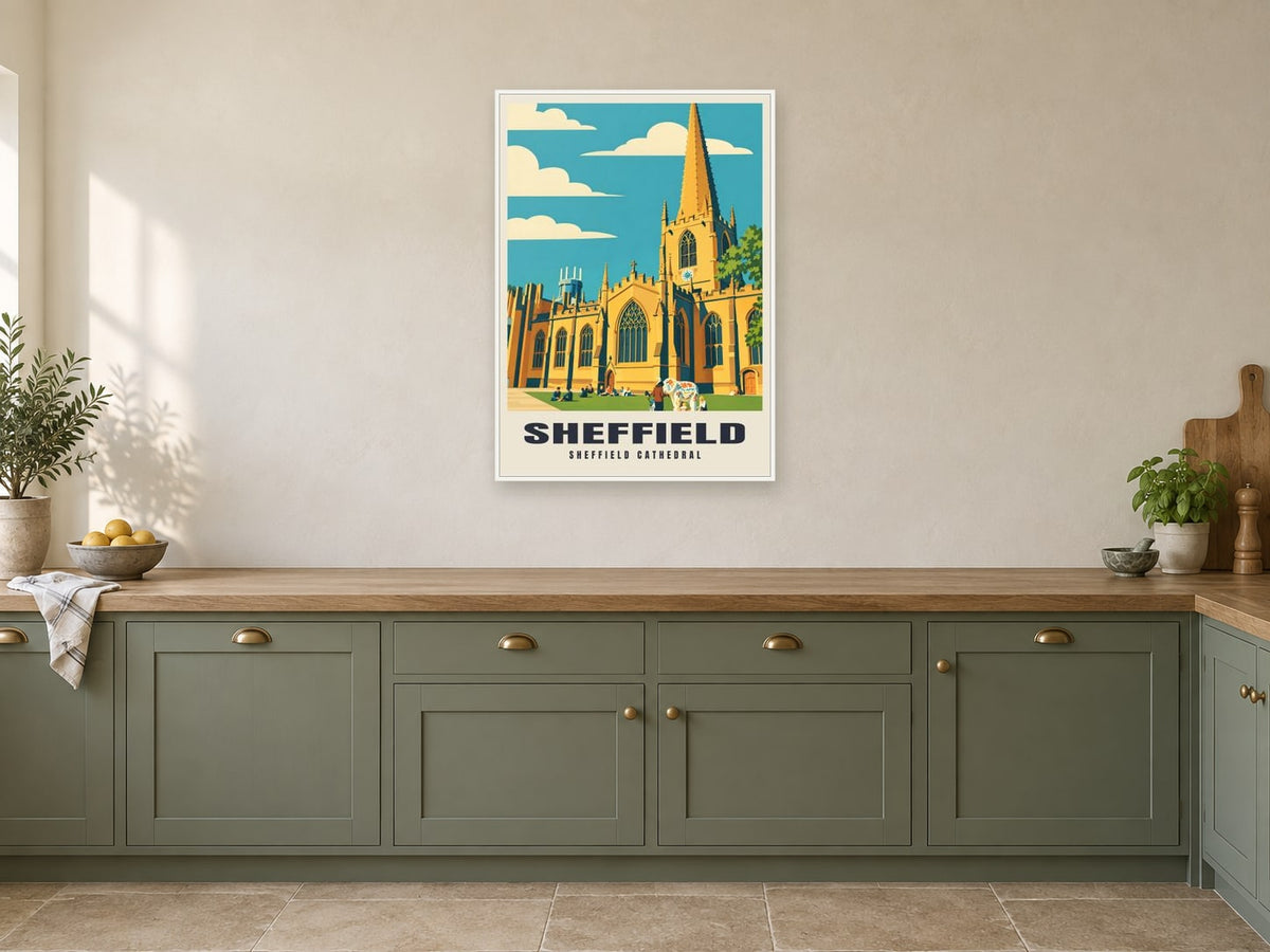 Sheffield Cathedral Poster at A1, in a white frame, in a kitchen