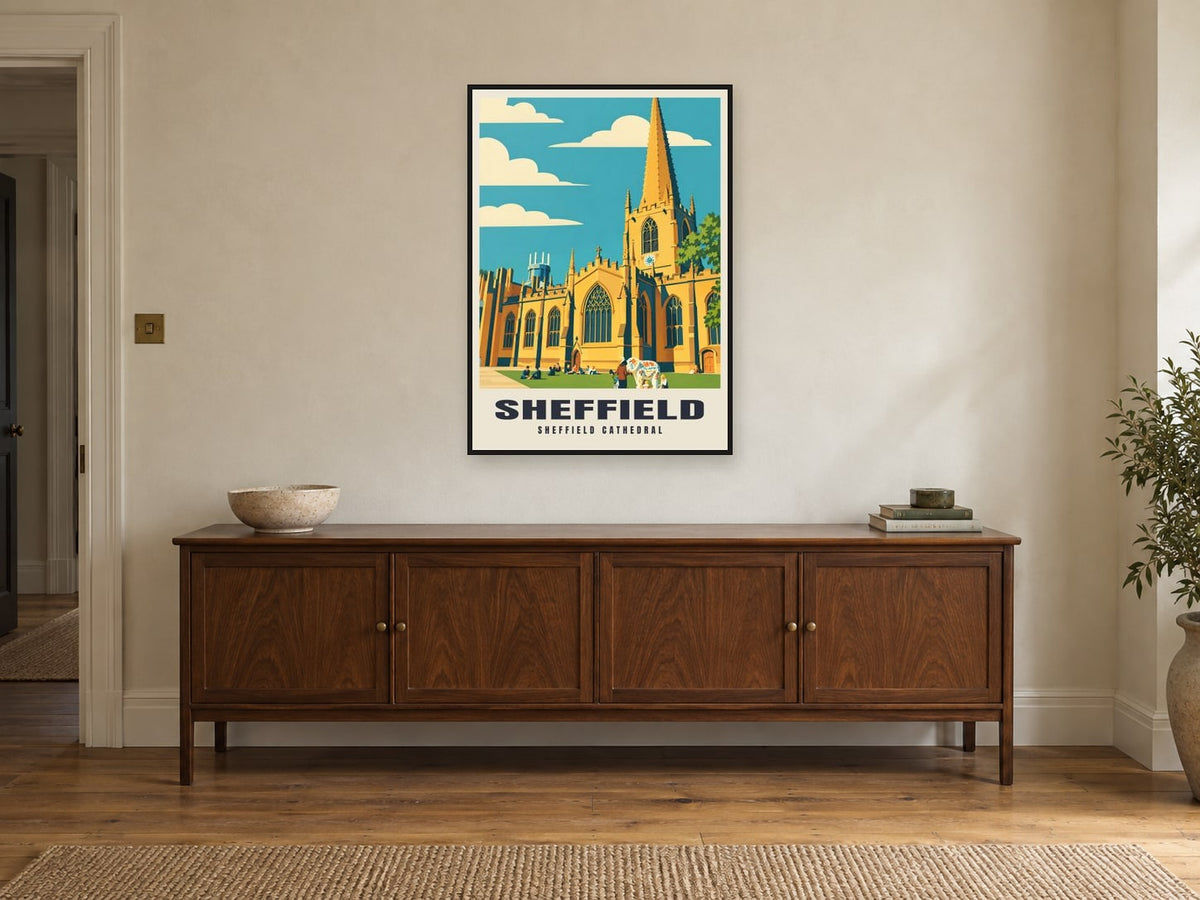 Sheffield Cathedral Poster at A1, in a black frame, above a sideboard