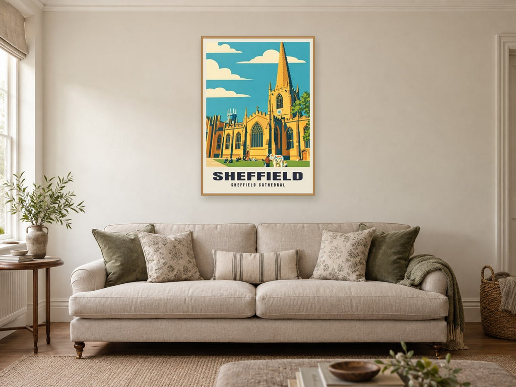 Sheffield Cathedral Poster at A1, in an oak frame, in a sitting room