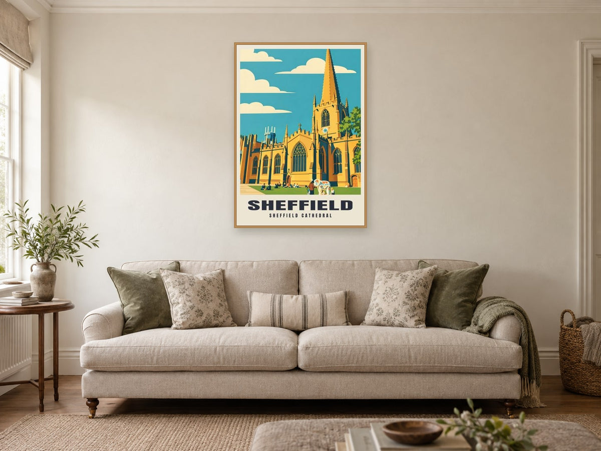 Sheffield Cathedral Poster at A1, in an oak frame, in a sitting room